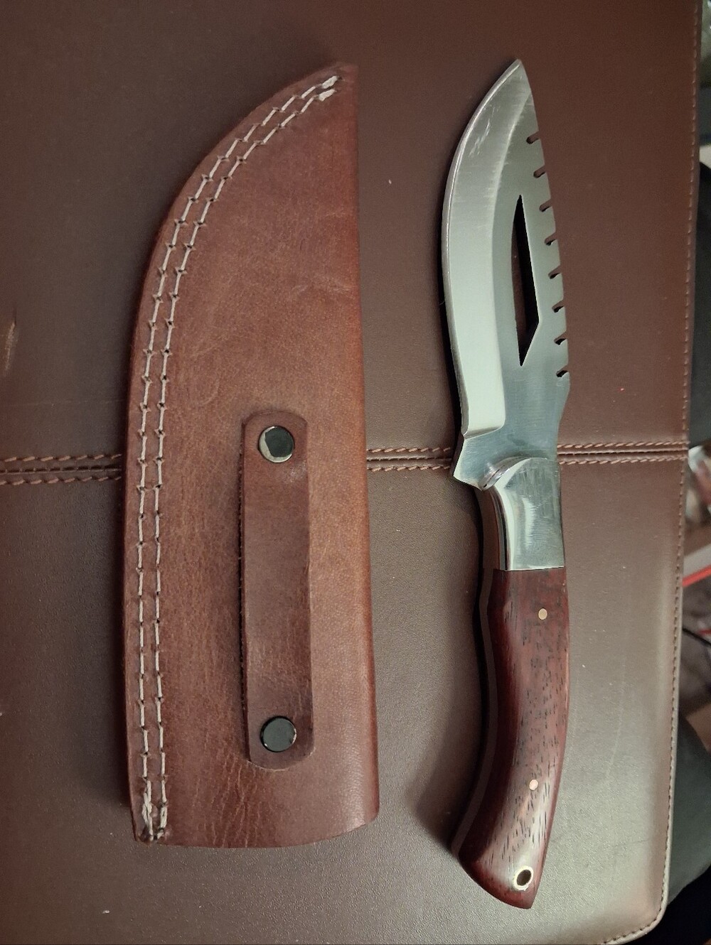 Stainless steel with a prominent top cutout, spine serrations Great For Hunting